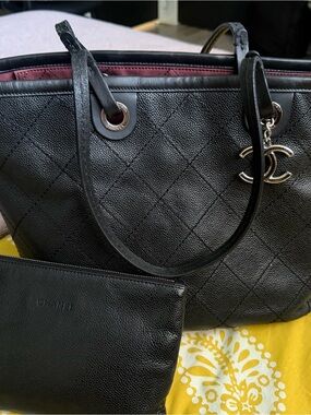 CHANEL Black Quilted Caviar Leather Tote with CC Charm